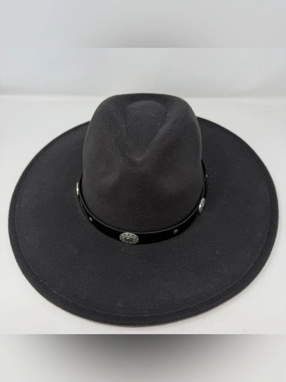 American Eagle Gray Wide Brim Fedora Hat Western Leather Band OS Boho Cowgirl